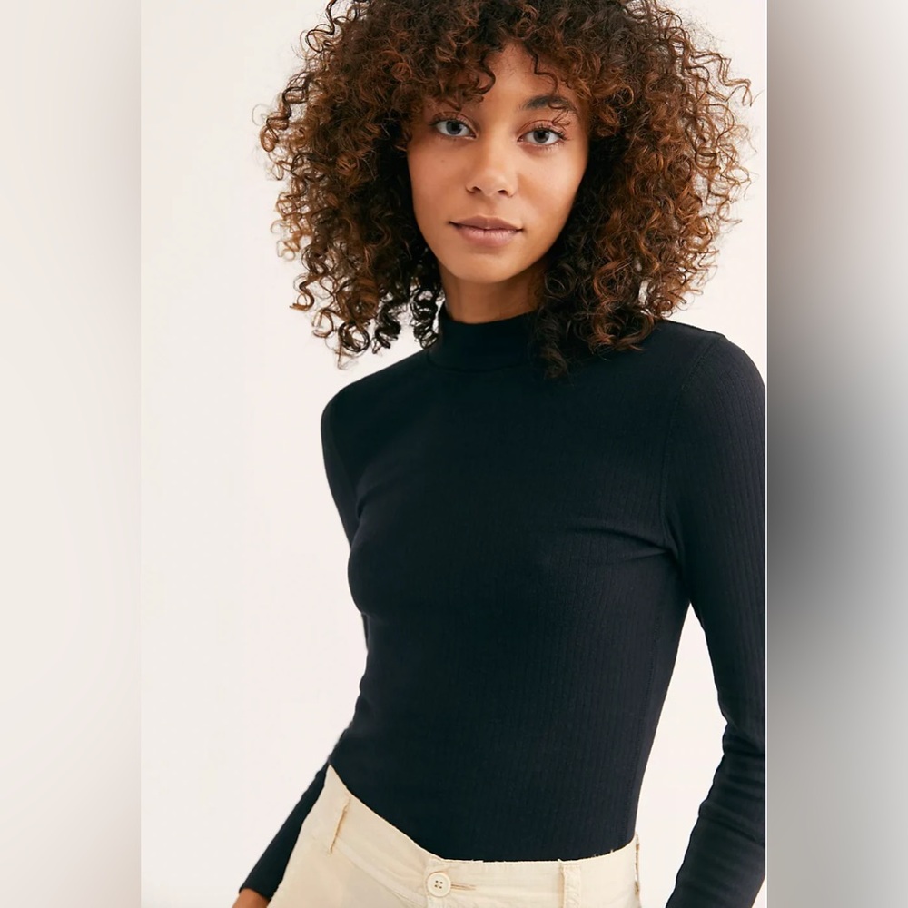 Free People Ricky Black Ribbed Mock Neck Long-Sleeve Top XS NWT